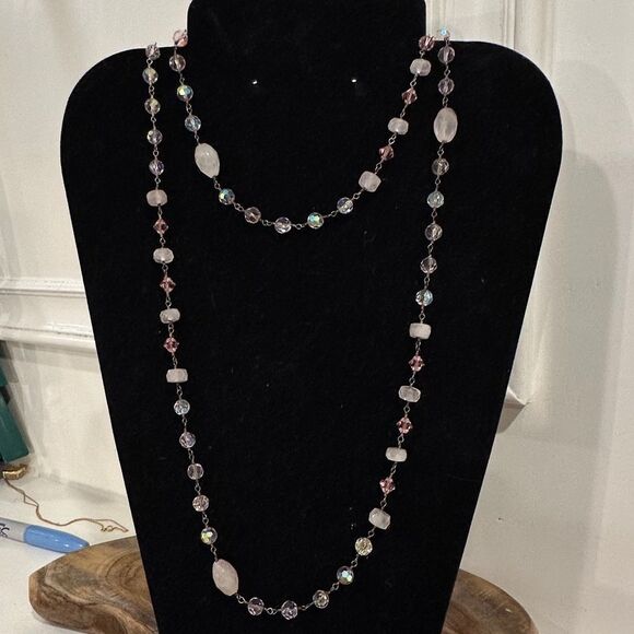 Sterling Silver Rose Quartz Czech Fire Polished Beaded Artisan Necklace 925 - Picture 2 of 5